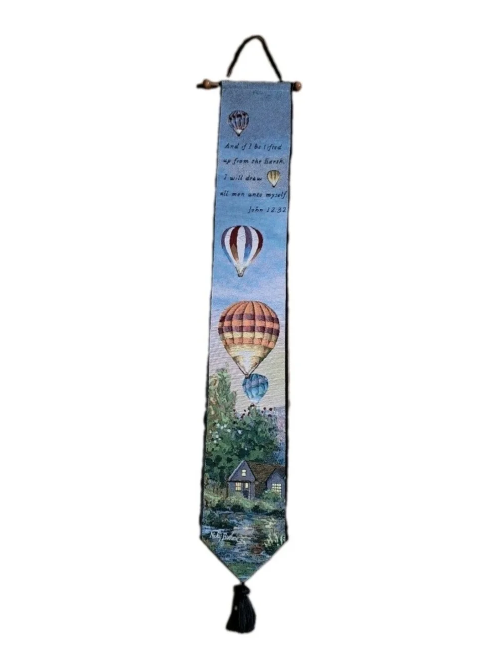 Blue Hot Air Balloon Tapestry Wall Banner with Tassel